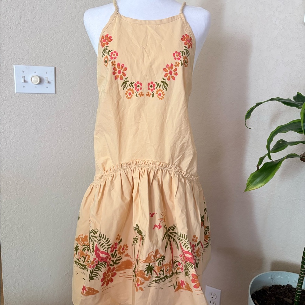 Free People Cream Floral Dress with Pink and Green Embroidery